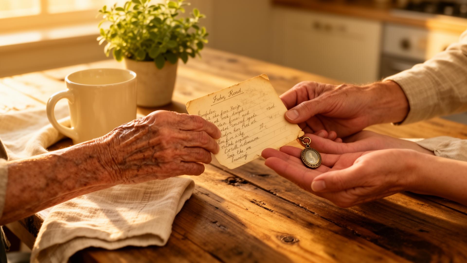 A parent sharing treasured family keepsakes — a handwritten recipe card and a vintage locket — with their child in a warm sunlit kitchen